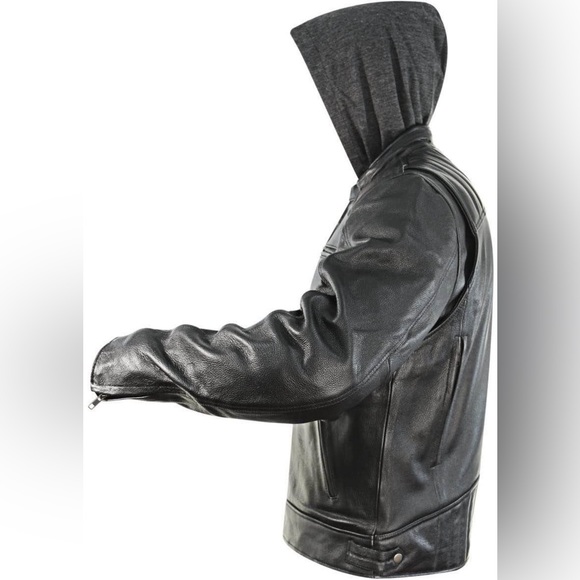 Men’s black leather jacket with removable hoodie and level 3 armors 2XL - Picture 2 of 5